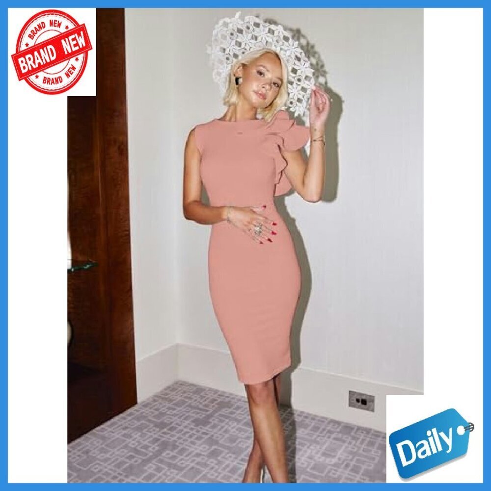 Elegant Formal Bodycon Ruffle Sleeveless Midi Cocktail Party Dress - Picture 6 of 7